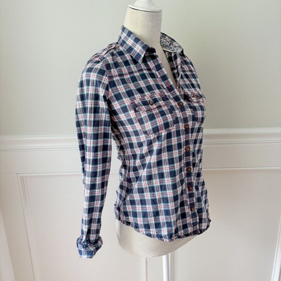 Hollister Womens Plaid Button-Down Shirt S Long Sleeve Blue/Red Cotton Blend - Picture 2 of 5